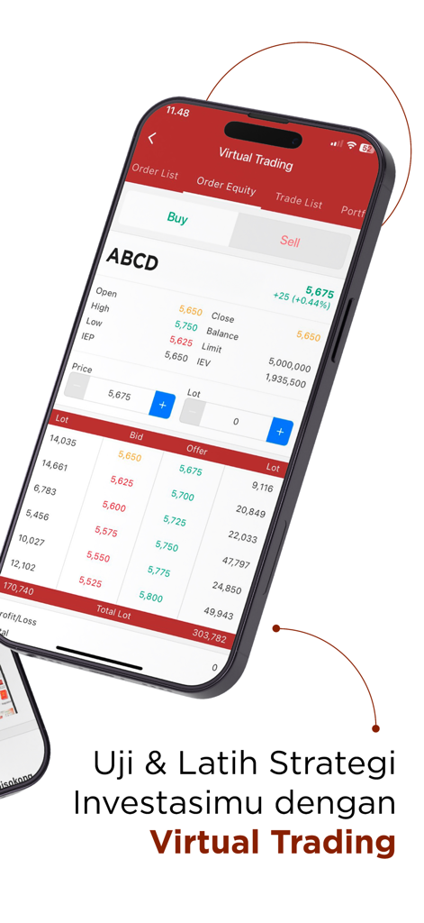 A smartphone screen displaying the Virtual Trading interface of the New IDX Mobile app for practicing stock market strategies.