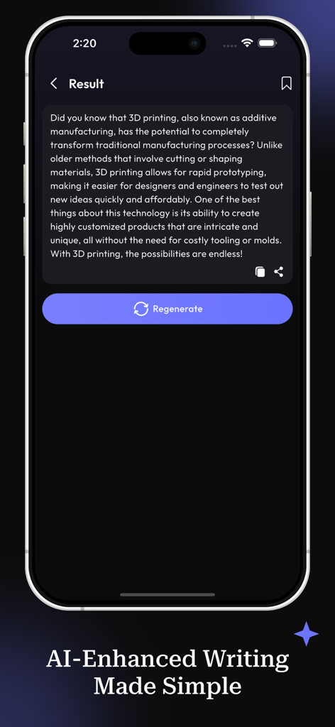 Paraphrase - AI Reword Writer - Interface of the Paraphrase AI app showing a rewritten text result and a regenerate button.