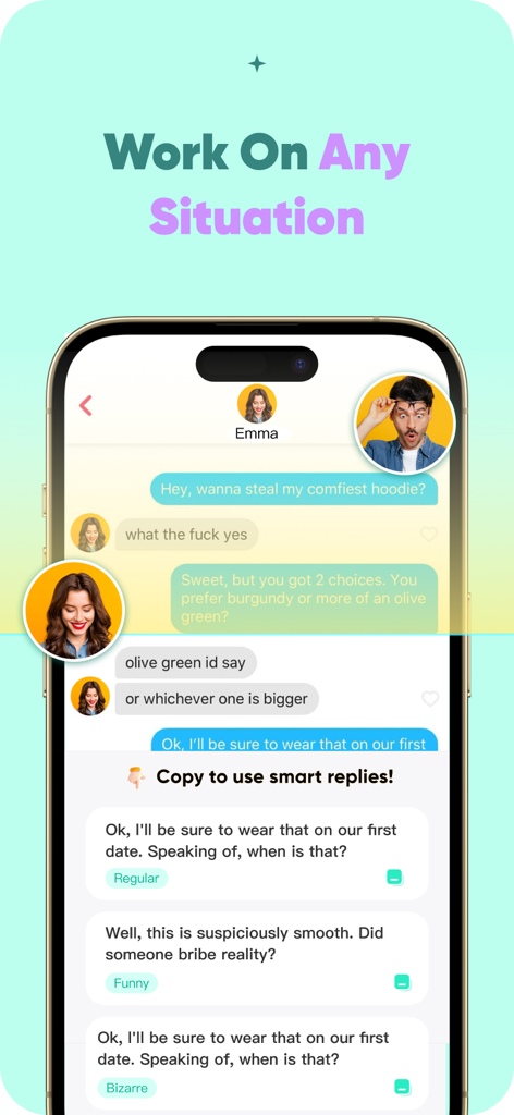SynthTalk-Rizz AI assistant - Smartphone screen showing SynthTalk Rizz AI generating smart reply options for a dating app conversation.