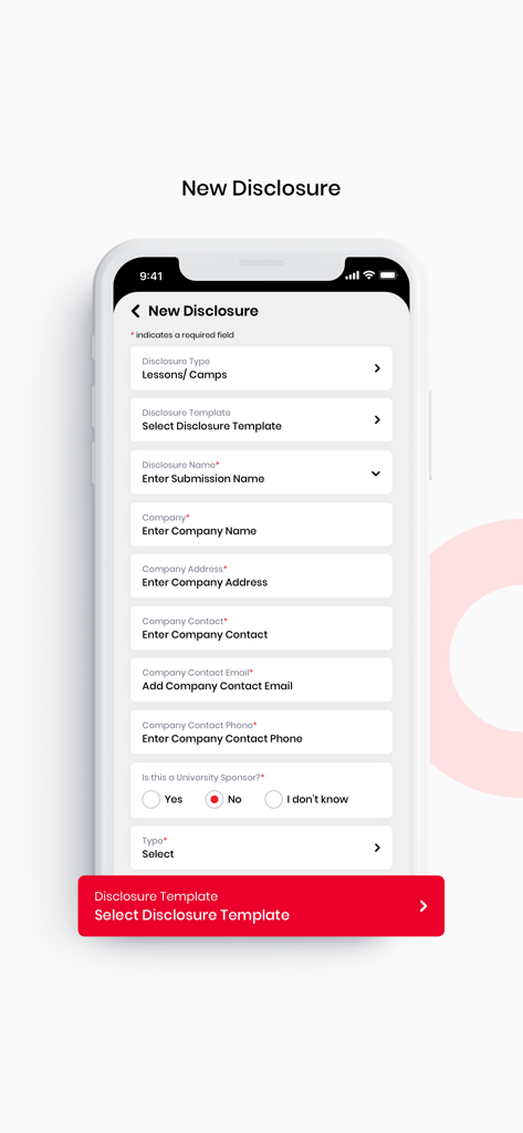 A mobile screen showing the New Disclosure form in the COMPASS NIL app for reporting NIL deals.
