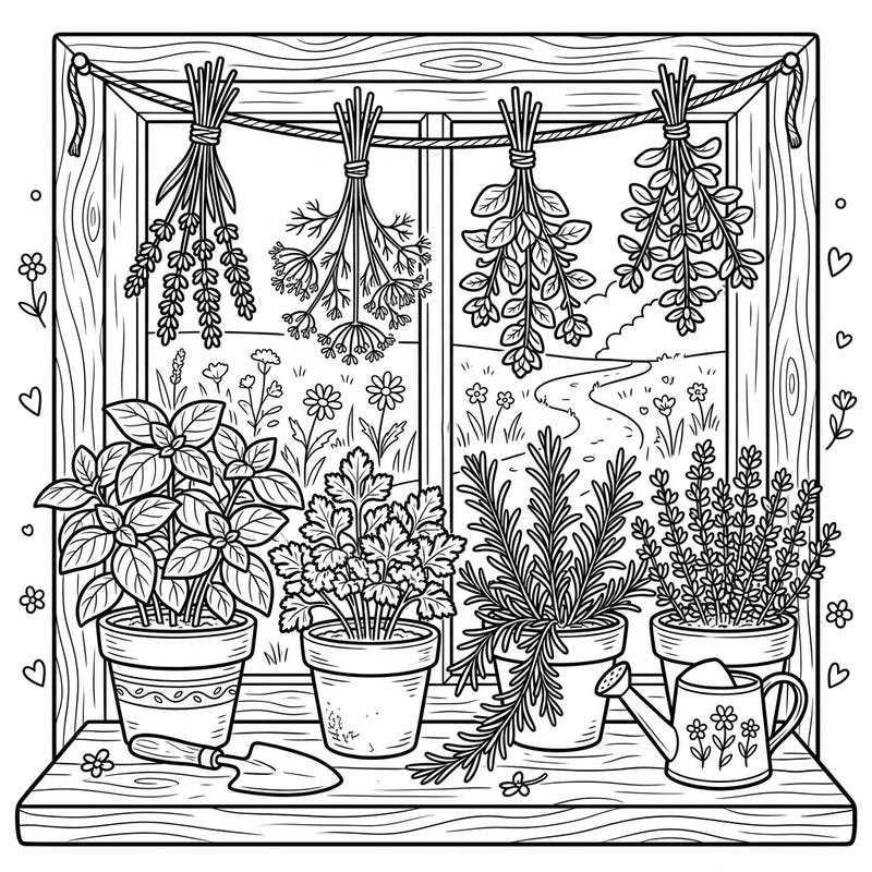 Embrace the rustic beauty of a cottagecore home with this delightful coloring page featuring an array of fresh herbs. From potted basil to hanging bundles, this scene invites you to add your personal touch to a cozy window garden.