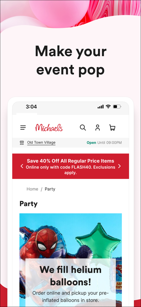 Michaels mobile app screen displaying party supplies and helium balloon pickup services