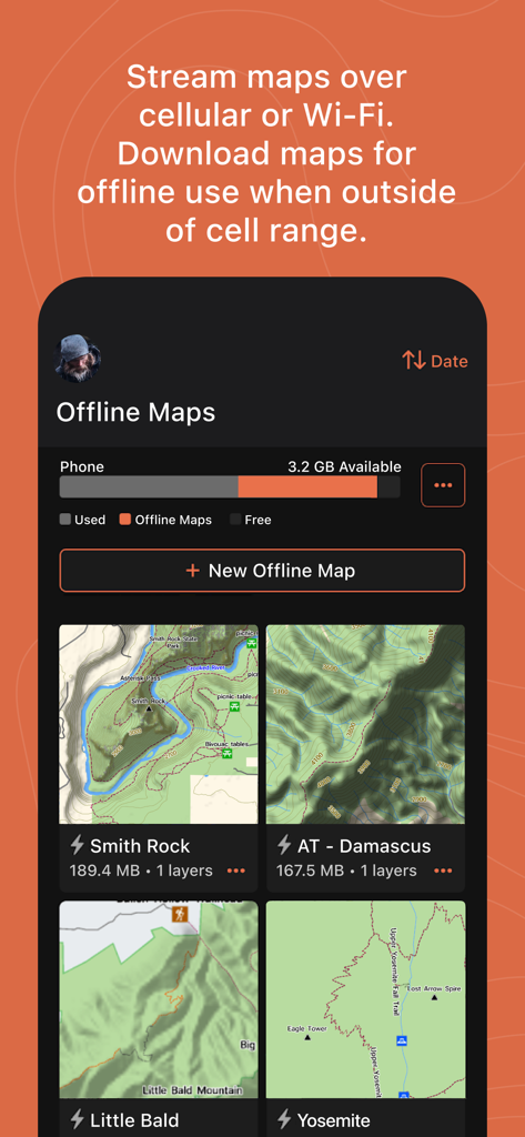 Garmin Explore™ - Interfaz que muestra la sección de descarga y gestión de mapas sin conexión de la aplicación Garmin Explore.