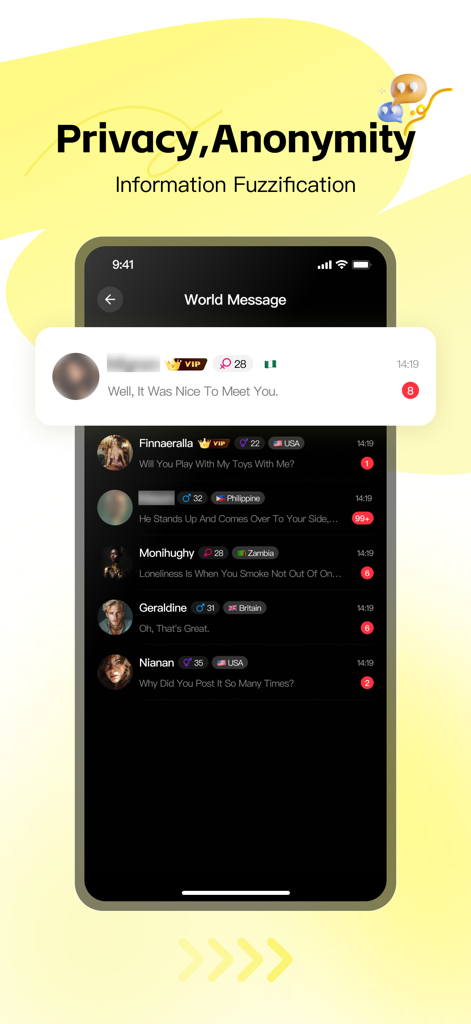 Love Spouse mobile app World Message screen illustrating privacy and information fuzzification features
