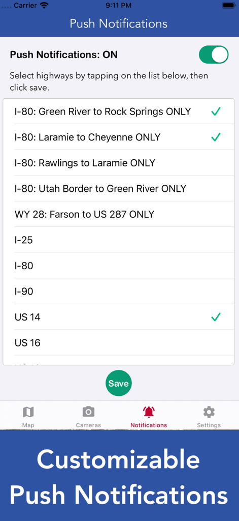 Captura de tela do aplicativo Wyoming Road Conditions mostrando a tela de configurações de notificações push personalizáveis com uma lista de rodovias e rotas específicas.