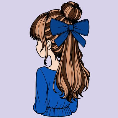 realistic girl  with hip length hair a bun and a big bow on the back of head