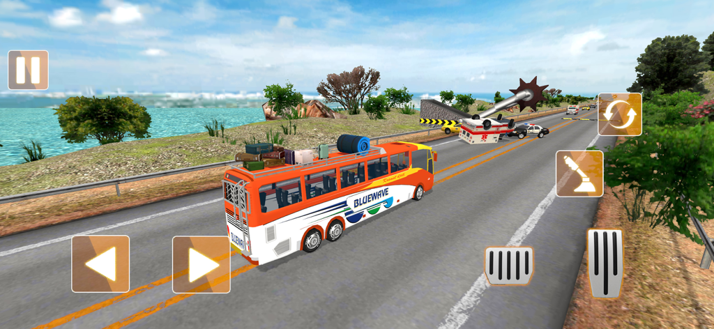Bus Rage: Smash & Race - Gameplay of Bus Rage Smash and Race showing a bus on a coastal road near a vehicle crash