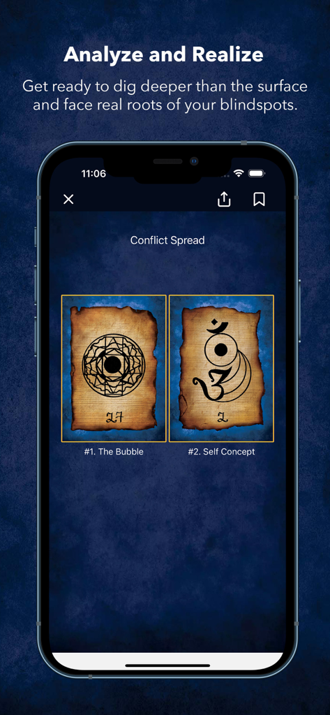 Blind Spot Oracle Cards - Conflict Spread featuring The Bubble and Self Concept sigil cards in the Blind Spot Oracle app.