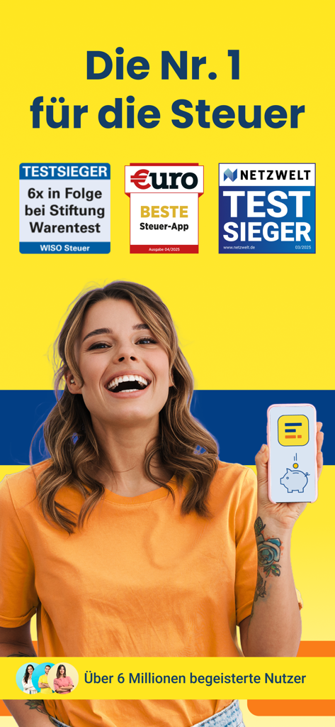 WISO Steuer German tax app advertisement showing test winner awards and over 6 million users