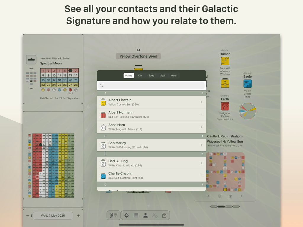 13:20:Sync - DB - A list of contacts in the 13-20-Sync app displaying their names and assigned Mayan Galactic Signatures.