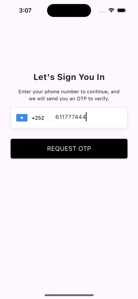 Edata - Edata app login screen with phone number input and Somalia flag