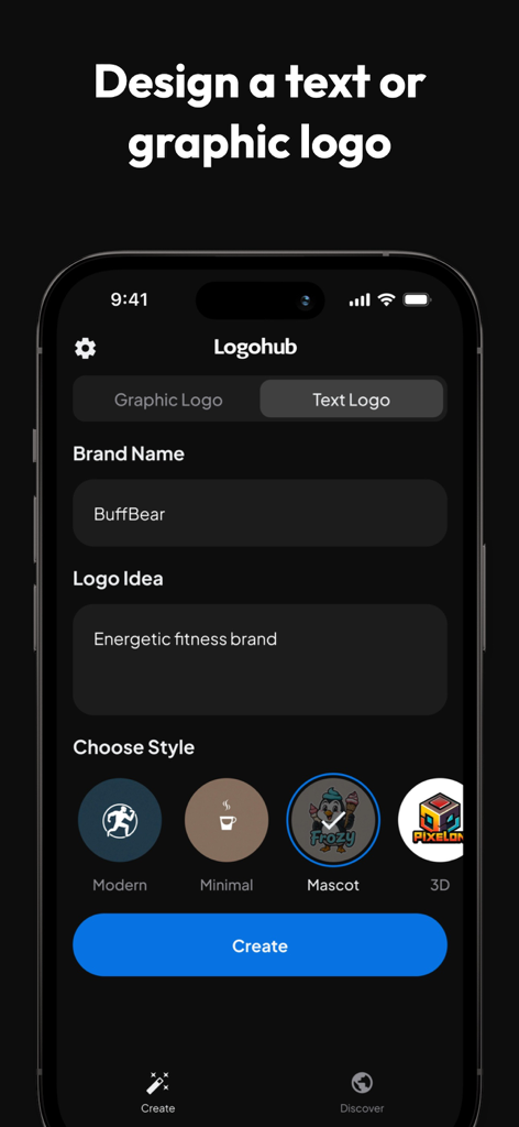 AI Logo Maker: LogoHub - LogoHub app interface for creating an AI logo with brand name and mascot style