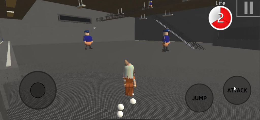 Escape  Barry Prison: Obby Run - Gameplay screenshot of Escape Barry Prison Obby Run showing a character in an orange jumpsuit and two guards
