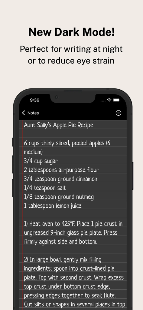 アップルパイのレシピが入ったダークモードのNotepadアプリを表示するスマートフォン。