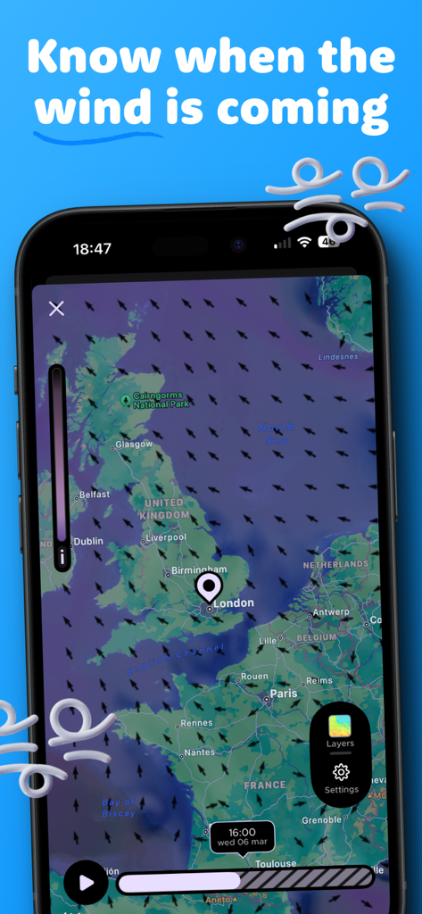Overdrop - Weather & Widgets - Overdrop weather app interface showing a live wind radar map with direction arrows and a location pin over London.