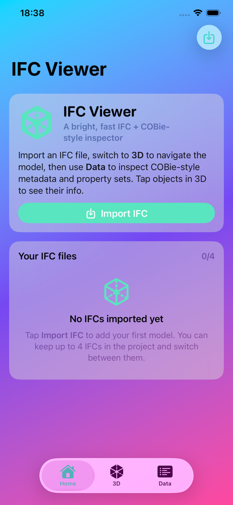 IFC Viewer - Pantalla de inicio de la aplicación móvil IFC Viewer mostrando el botón de importar IFC y la interfaz de gestión de modelos de edificios