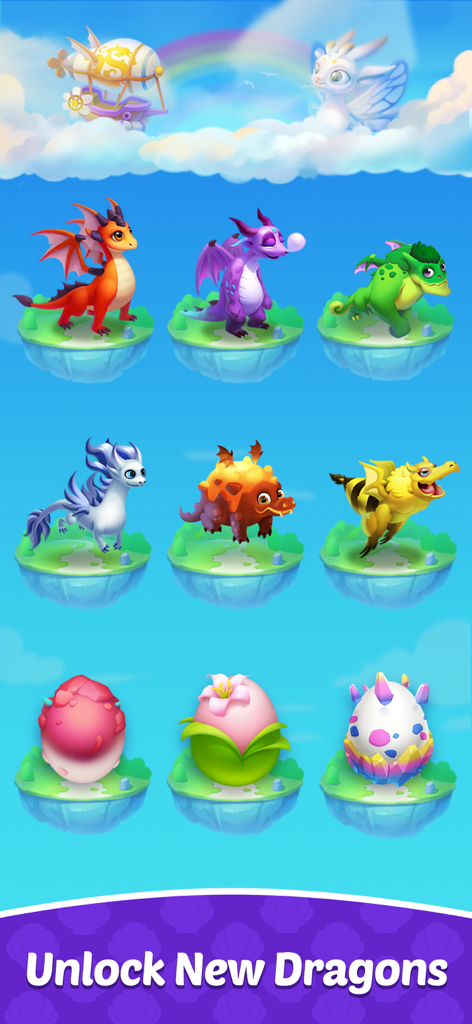 Solitaire Dragons - A variety of colorful dragons and dragon eggs on floating islands in the Solitaire Dragons game.