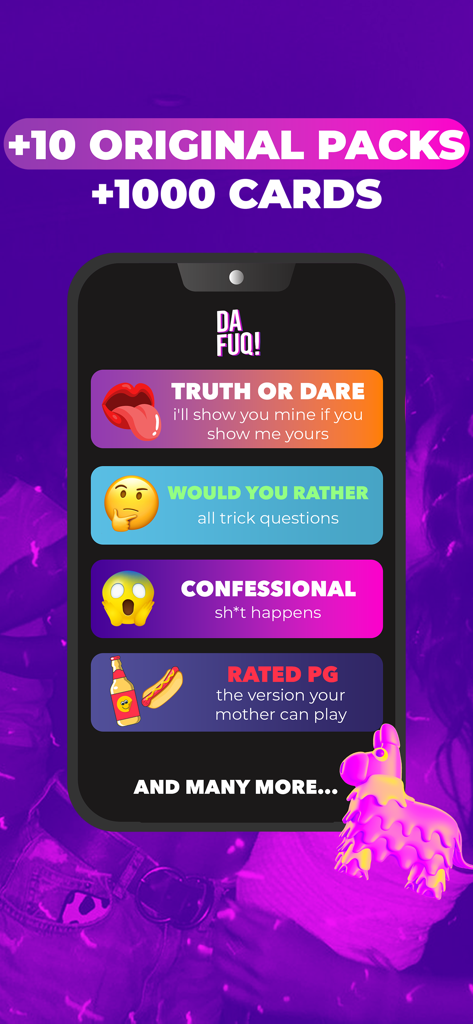 DAFUQ - Party Game - Interface of DAFUQ party game app showing different card packs like Truth or Dare and Would You Rather