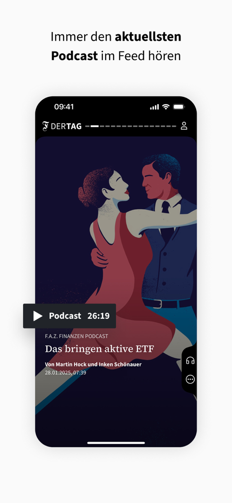 F.A.Z. Der Tag - Nachrichten - F.A.Z. Der Tag mobile app interface showing a finance podcast player with an illustration of a dancing couple.
