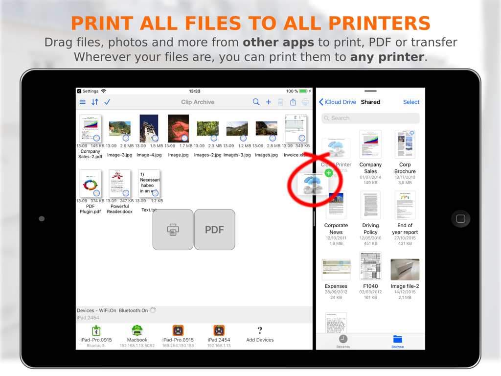 PrintCentral Pro - iPad split screen showing PrintCentral Pro file management and printing features