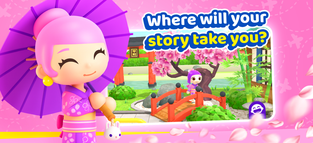 World Travel Stories - Airport - Un personaggio in un kimono rosa in piedi in un giardino giapponese con fiori di ciliegio.