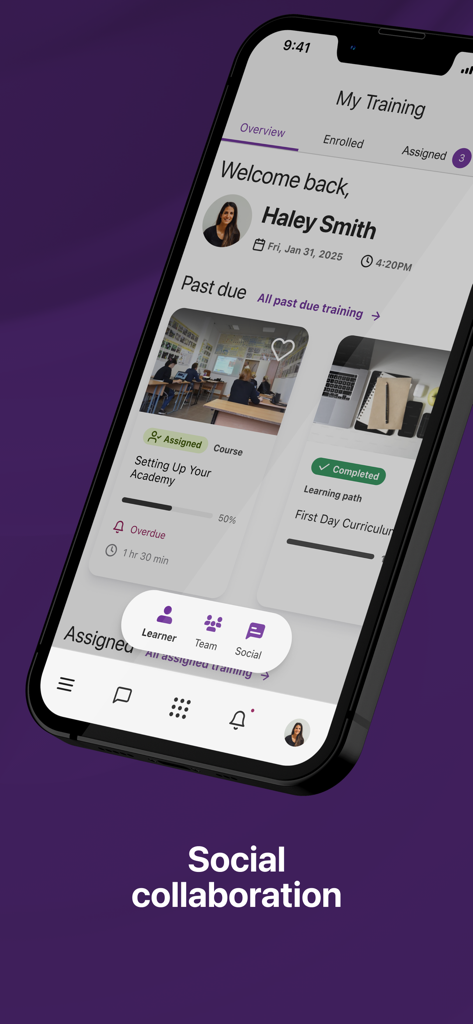 Schoox - Schoox mobile app interface showing the My Training dashboard and social collaboration menu