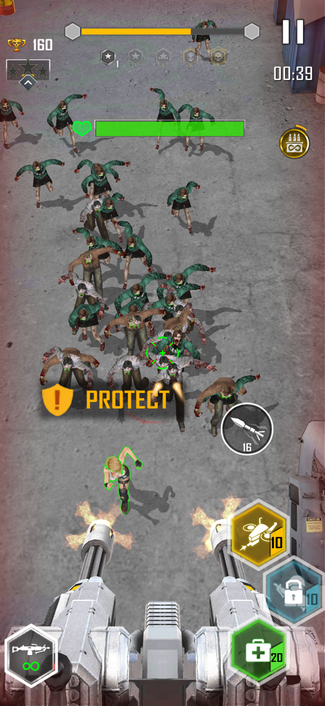 Zombie Hunter: Shoot or Dead - First person gameplay of Zombie Hunter Shoot or Dead showing sentry guns firing at a massive zombie horde