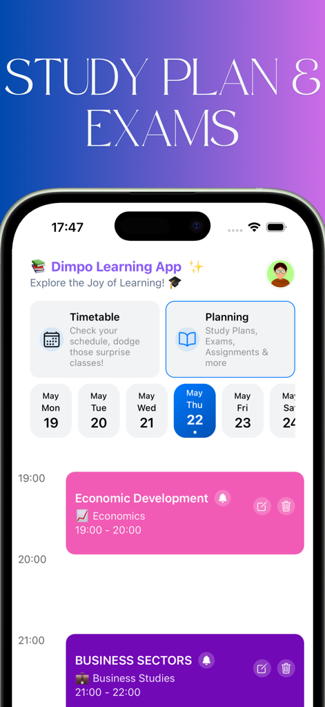 Oberfläche der Dimpo Lern-App, die einen personalisierten Lernplan und Stundenplan für Prüfungen anzeigt