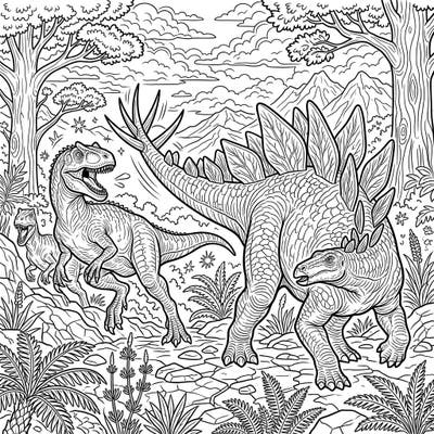 Witness the power of the Stegosaurus as it defends itself and its young from formidable predators in this action-packed coloring scene. Perfect for teens, this intricate design invites you to bring a thrilling moment from the Mesozoic Era to life with your favorite colors.