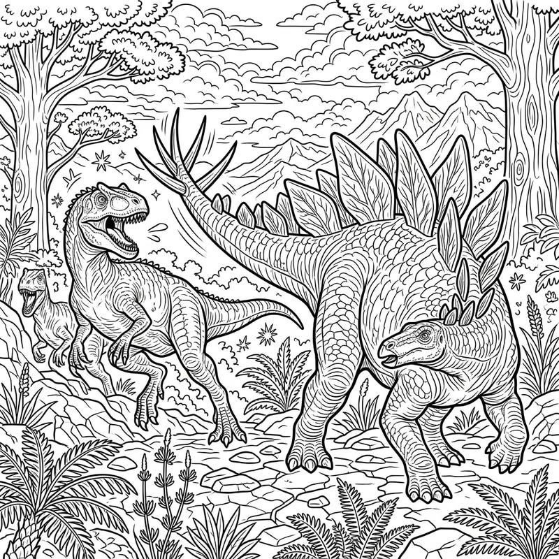 Witness the power of the Stegosaurus as it defends itself and its young from formidable predators in this action-packed coloring scene. Perfect for teens, this intricate design invites you to bring a thrilling moment from the Mesozoic Era to life with your favorite colors.