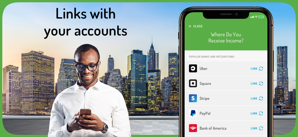 Hurdlr Mileage, Expenses & Tax - Ein professioneller Mann benutzt die Hurdlr-App, um seine Bank- und Gig-Konten wie Uber und Stripe zu verknüpfen