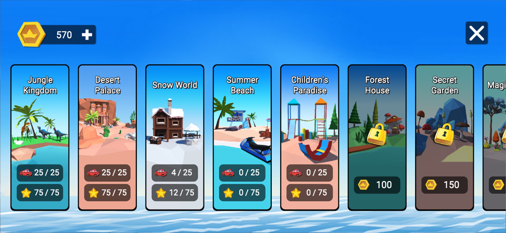 Build Bridge : Craft Builder - Level selection menu for Build Bridge Craft Builder showing themed worlds including Jungle Kingdom and Snow World with progress stars