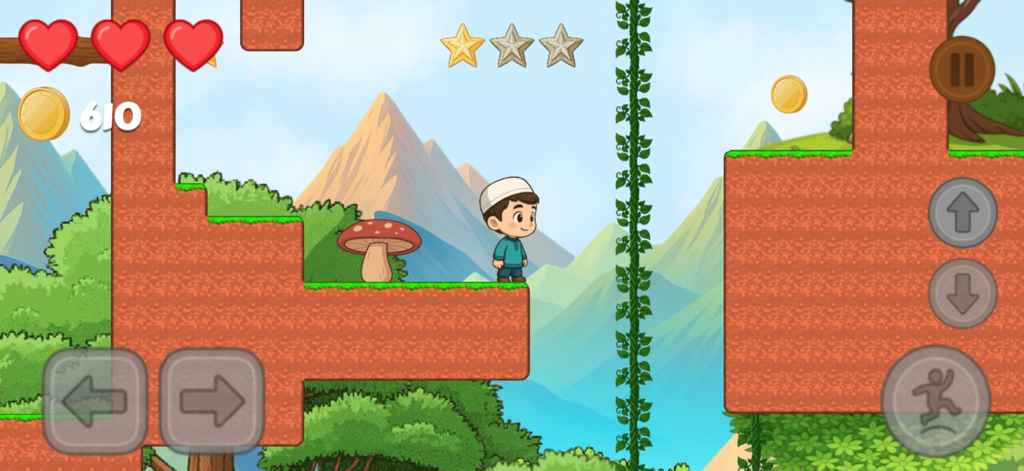 Hamza's Journey - Hamza character in a colorful 2D platformer level with coins and hearts