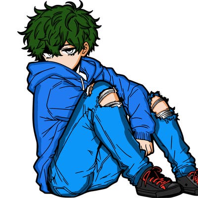 a male hoddie ripped jeans messy hair anime