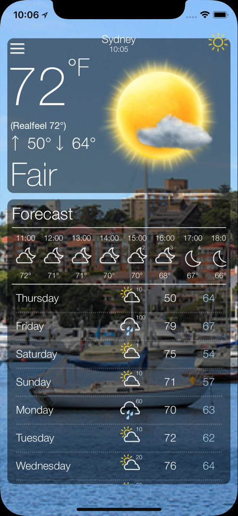 Weather  ٞ . - Minimalist weather app interface showing temperature and weekly forecast for Sydney