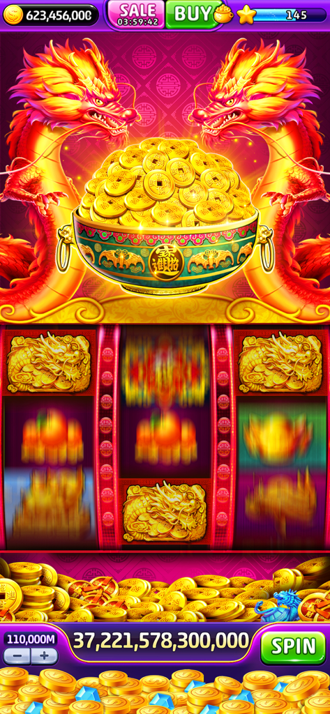 A vibrant mobile casino game screen featuring red dragons and a large bowl of golden coins