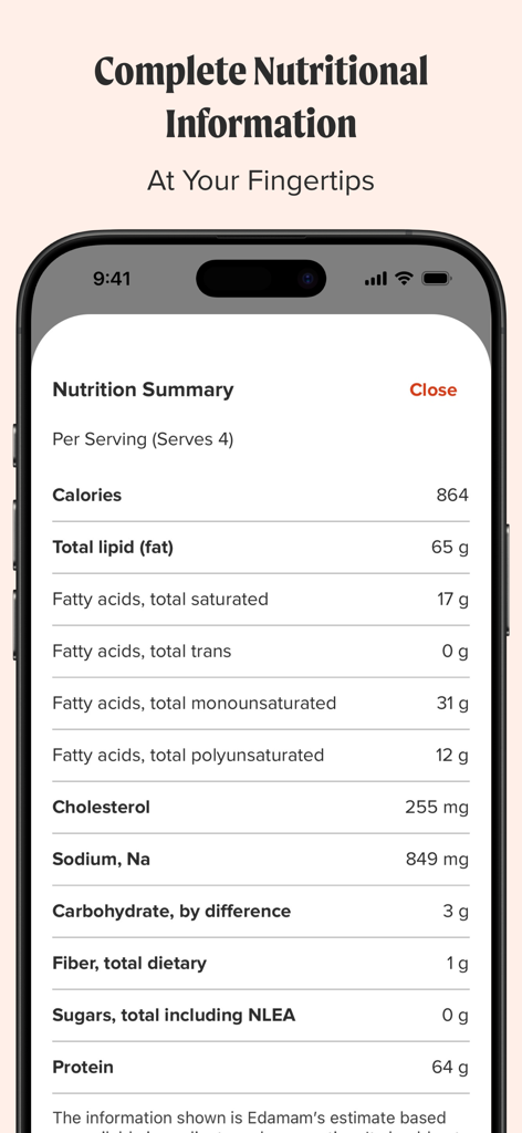 America's Test Kitchen - A screenshot of the nutrition summary screen in the America's Test Kitchen app showing detailed data like calories, fats, and protein