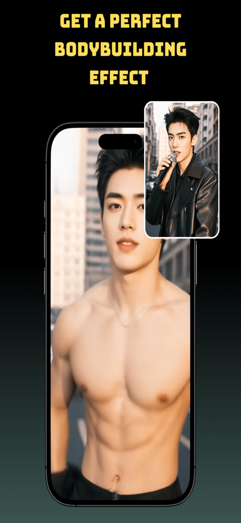 NanoBanana: AI Video Generator - 나노바나나 앱이 있는 휴대폰 화면이 보디빌딩 AI 효과를 적용하여 옷을 입은 남성을 근육질 몸매로 변환하는 중입니다.