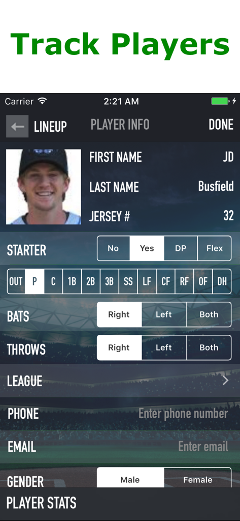 Interface for editing player information in iScore Baseball including jersey number and field position