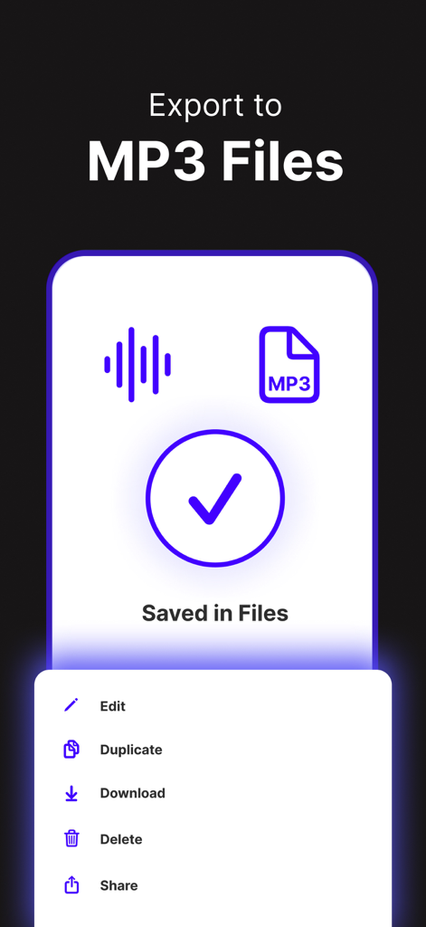 Speech Lab - Voicemod TTS - Speech Lab app interface showing a successful export to MP3 files with options to edit, download, and share.