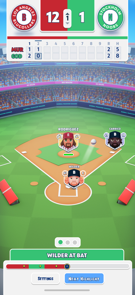 Baseball Franchise Manager - Real-time match simulation screen in Baseball Franchise Manager showing a game scoreboard and players on the field