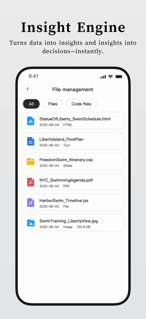 AI Agent - Super AI Assistant - AI Agent mobile app interface displaying a list of various files and documents for insight generation