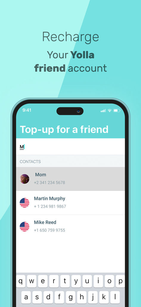 International Calling - Yolla - Smartphone-Bildschirm der Yolla-App, der die Oberfläche zum Aufladen von Guthaben für einen Freund oder ein Familienmitglied anzeigt.