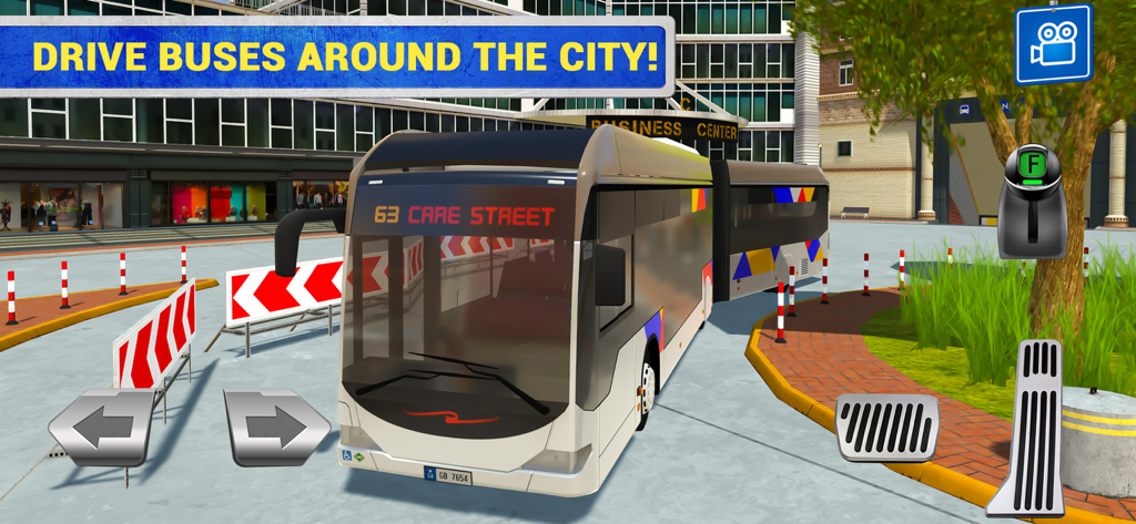 City Bus Driving Sim - Jugabilidad de un autobús articulado navegando por una pista de obstáculos urbana en un simulador de conducción