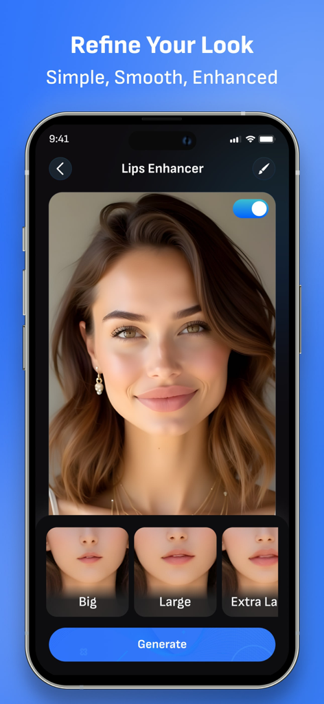AI Body Shape Video Editor - AI-powered lip enhancement feature interface showing big and large volume options for a portrait photo.