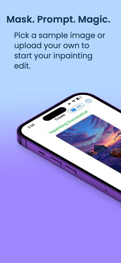 AI Photo Editor: Inpaintly - Aplicación Inpaintly en un iPhone mostrando una exitosa edición deinpintado con IA en una foto de paisaje.