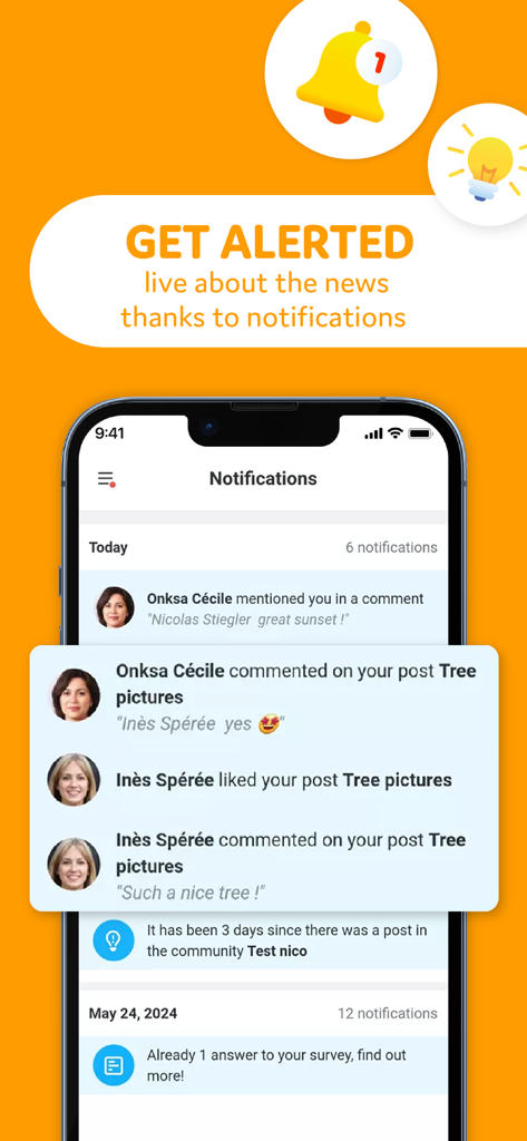 Steeple - 직원 소셜 참여 및 회사 알림을 표시하는 Steeple 모바일 앱 알림 화면