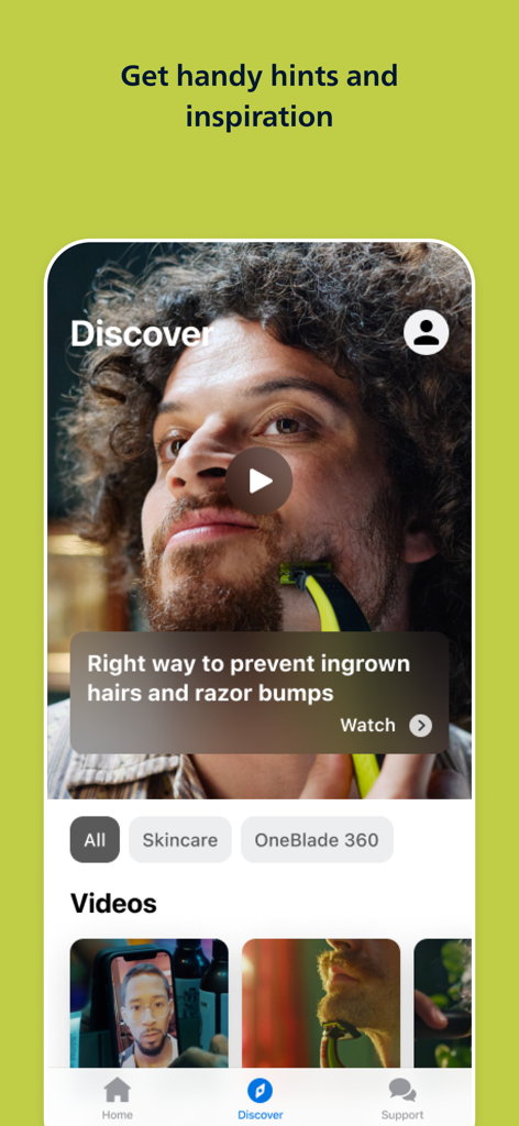 Écran de l'application Philips OneBlade montrant des vidéos de tutoriels de soins et des conseils de soins de la peau pour hommes