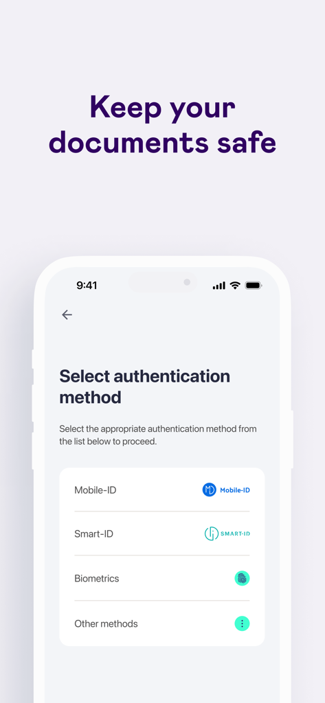 Dokobit mobile app screen showing authentication options like Mobile-ID Smart-ID and Biometrics for secure document signing