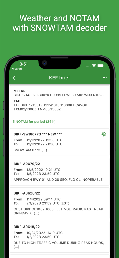 Airports app displaying METAR TAF and NOTAM reports with SNOWTAM decoder for pilots